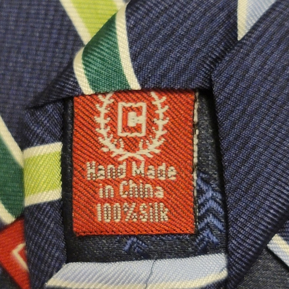 Chaps Silk Necktie Mens OS Navy Blue Green Striped Classic Hand Made Tie - Picture 6 of 8